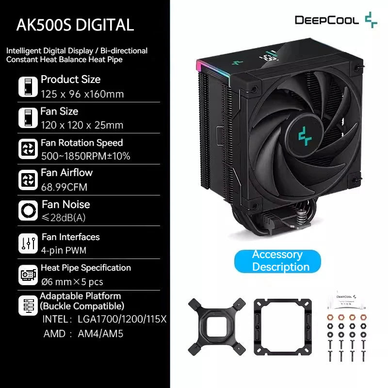 DeepCool AK500S Digital CPU Cooler – 240W TDP, 5 Heat Pipes, LED Display, Compatible with LGA1700/1200/115X, AM4/AM5