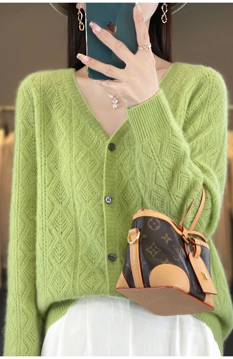 Women's 100% Wool Cashmere Cardigan – V-Neck, Super Soft, Loose Fit, Long Sleeve Knit Sweater
