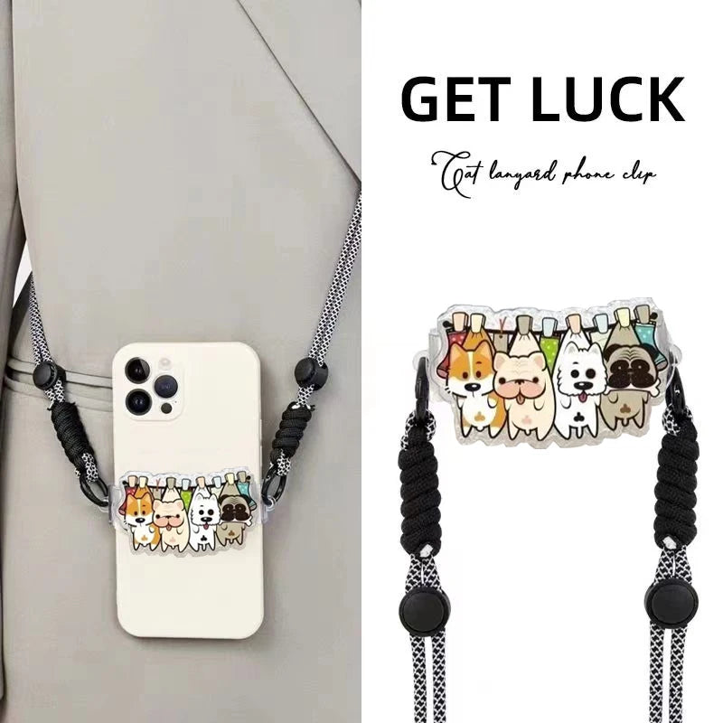 Cute Cartoon Cat & Dog Phone Lanyard – Adjustable Crossbody Shoulder Strap, Back Clip Hanging for Universal Mobile Phones