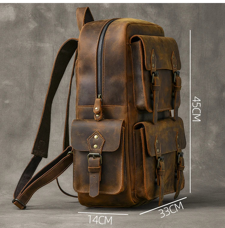 Vintage Crazy Horse Leather Backpack for Men — 17" Laptop Travel Rucksack Cowhide Hiking Bag M815