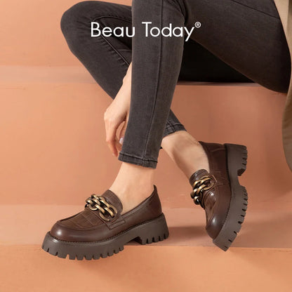 BeauToday Women’s Chunky Loafers – Genuine Leather Platform Slip-On Flats with Round Toe and Metal Chain, Handmade 27748