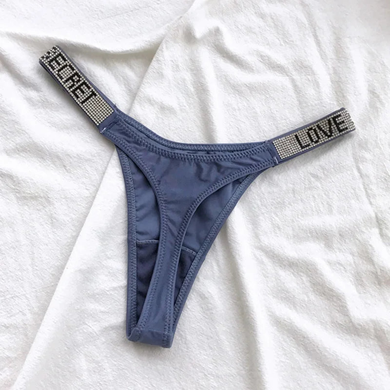 Women’s Sexy Rhinestone G-String Thong – Low Waist T-Back Sports Panties, Diamond Letter Design, Sizes S–XL