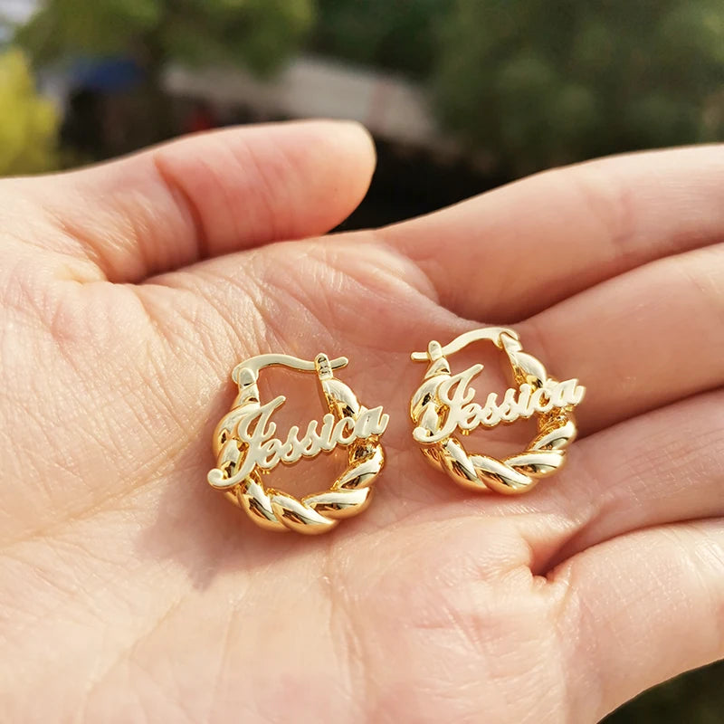 18mm Custom Name Earrings – Personalized Thick Twisted Hoop Earrings for Kids, Unique Gift Idea