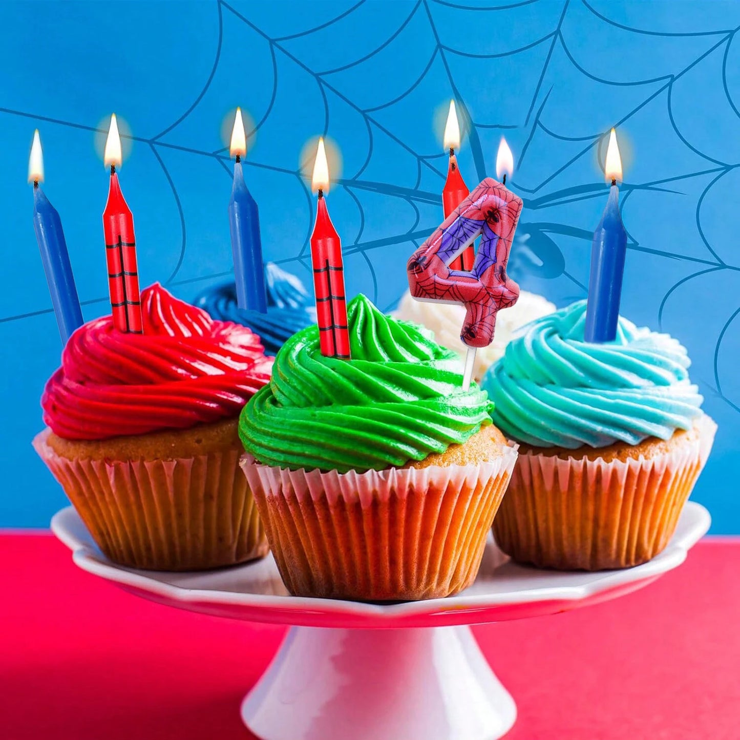 7Pcs Spider-Themed Number 4 Birthday Candles – Red & Blue Cartoon Cake Topper Decorations for Kids Party Supplies