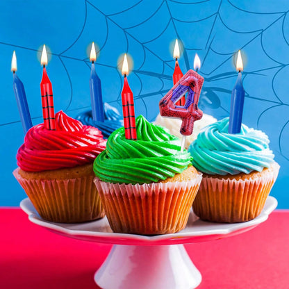 7Pcs Spider-Themed Number 4 Birthday Candles – Red & Blue Cartoon Cake Topper Decorations for Kids Party Supplies