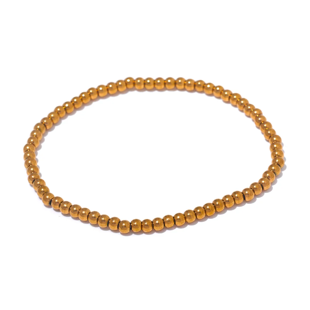 Yhpup Stainless Steel Beaded Elastic Bracelet – Waterproof Gold Tone Handmade Bangle, 3–6mm Unisex Daily Jewelry Wholesale Wristwear
