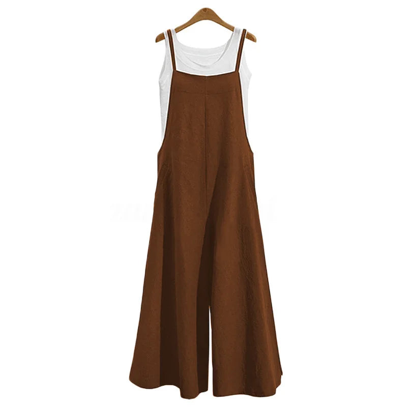 Women’s Summer Wide Leg Jumpsuit Overalls – Solid Color Sleeveless Cotton Linen Bib Dungaree, Casual Loose Fit Plus Size 5XL