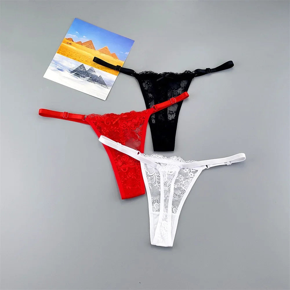 Women's Sexy Lace Thong Set - 3-Piece Sheer G-String Low Waist Plus Size Lingerie