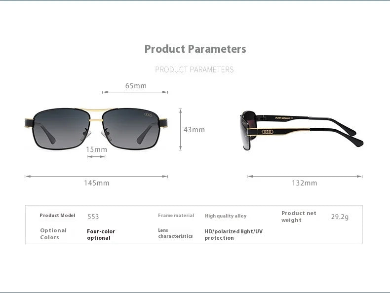 Audi UV400 Polarized Rectangle Sunglasses – Anti-Glare Driving & Motorcycle Glasses for Men & Women (Cycling, Model 553)