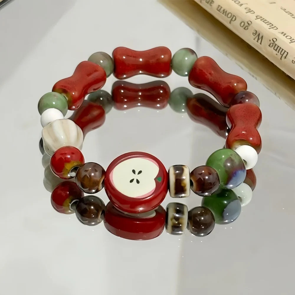 Retro Apple Ceramic Bead Bracelet - Colorful Star Charm Fashion Jewelry Accessory for Women