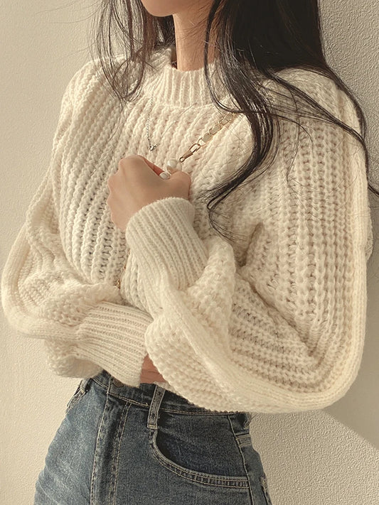 Loose Vintage Harajuku Lantern Long Sleeve Sweater for Women - Soft Warm Korean Knitwear - Chic Solid Autumn/Winter Top