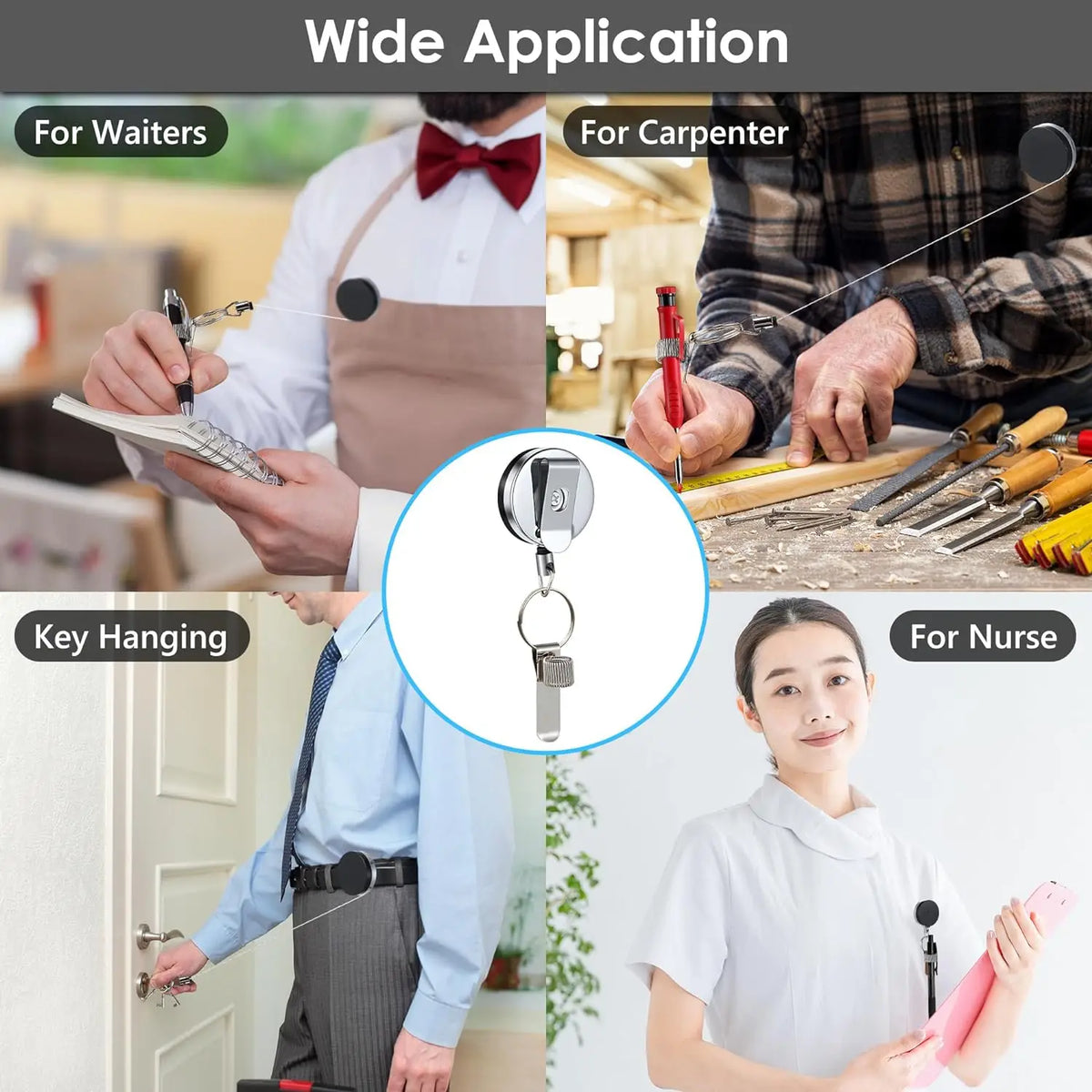 Retractable Pen Holder - Universal Pen Lanyard with Belt Clip & Key Ring for Carpenters, Nurses, Waiters & Workers
