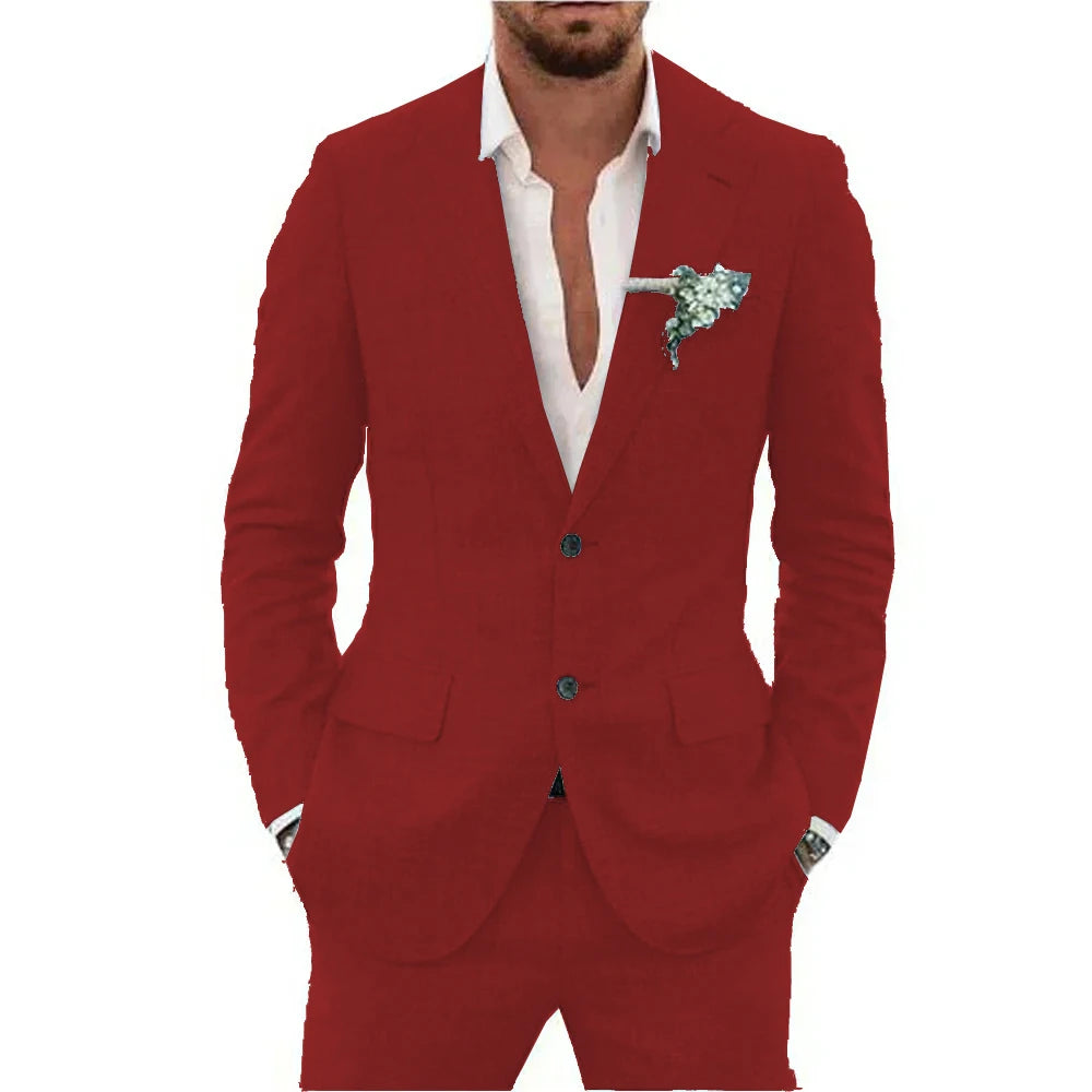 Men's Linen Suit Set - Slim Fit Notched Lapel 2 Piece Wedding & Beach Tuxedo Outfit For Summer Casual Formal Wear