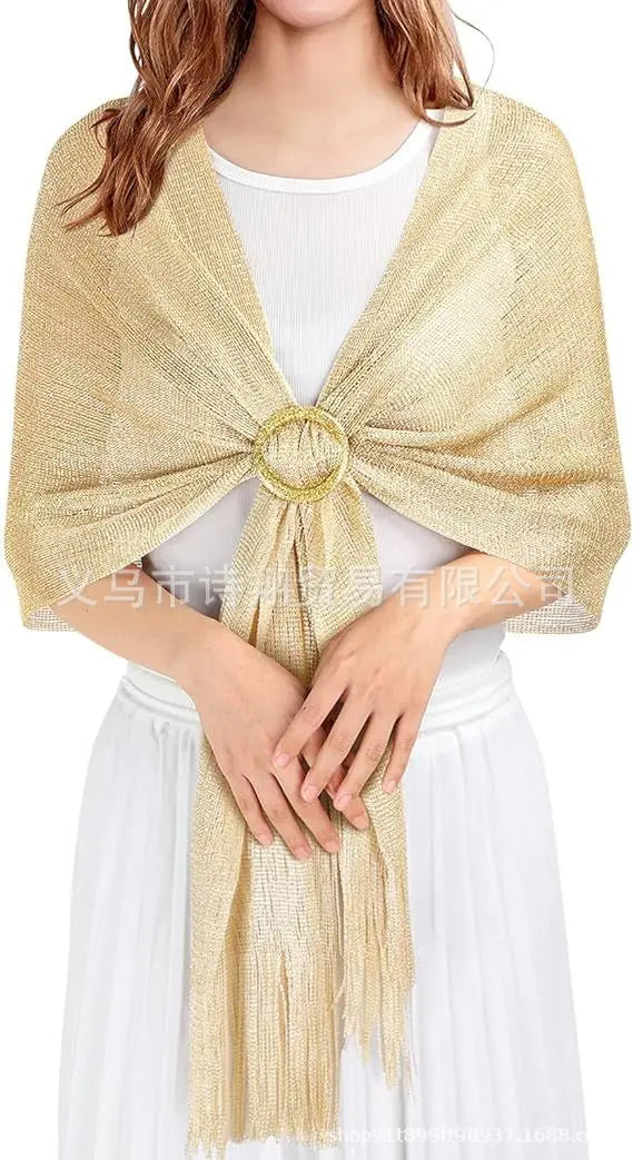 Gold & Silver Thread Tassel Scarf – Elegant Beach, Wedding & Party Fashion Shawl Accessory SJ15