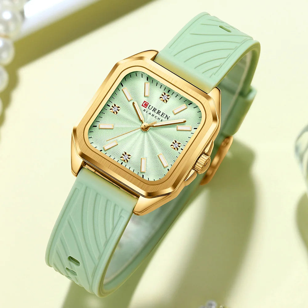 CURREN Square Women’s Quartz Watch - Casual Silicone Strap Fashion Wristwatch with Gift Box