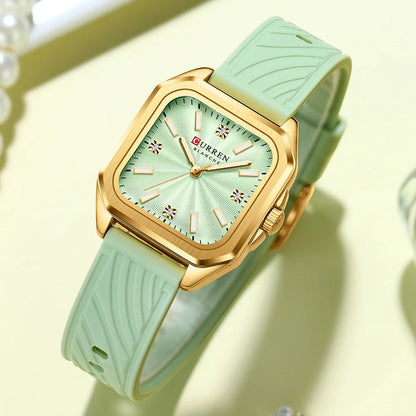 CURREN Square Women’s Quartz Watch - Casual Silicone Strap Fashion Wristwatch with Gift Box
