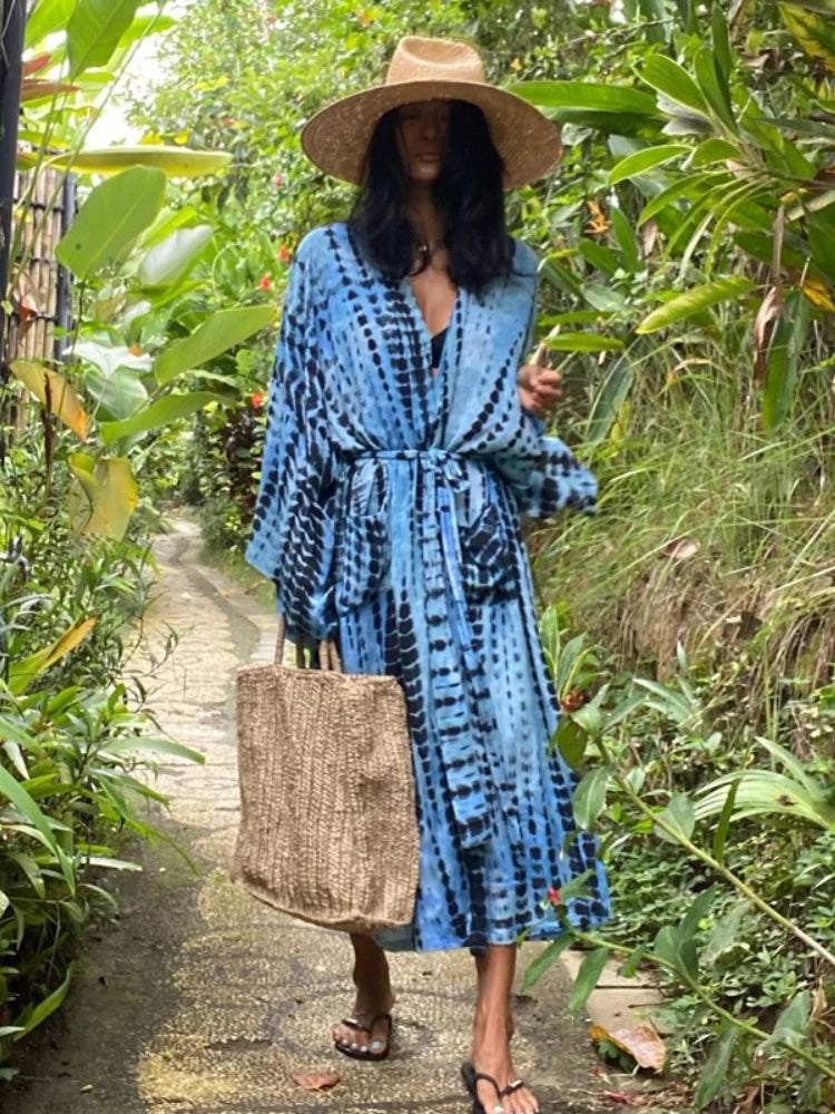 Tie-Dye Bikini Cover Up Kimono – Bohemian Beach Swimsuit Cape Pareo Dress with Belted Wrap Style Summer Swimwear Cover-Up