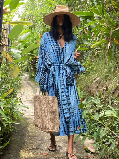 Tie-Dye Bikini Cover Up Kimono – Bohemian Beach Swimsuit Cape Pareo Dress with Belted Wrap Style Summer Swimwear Cover-Up