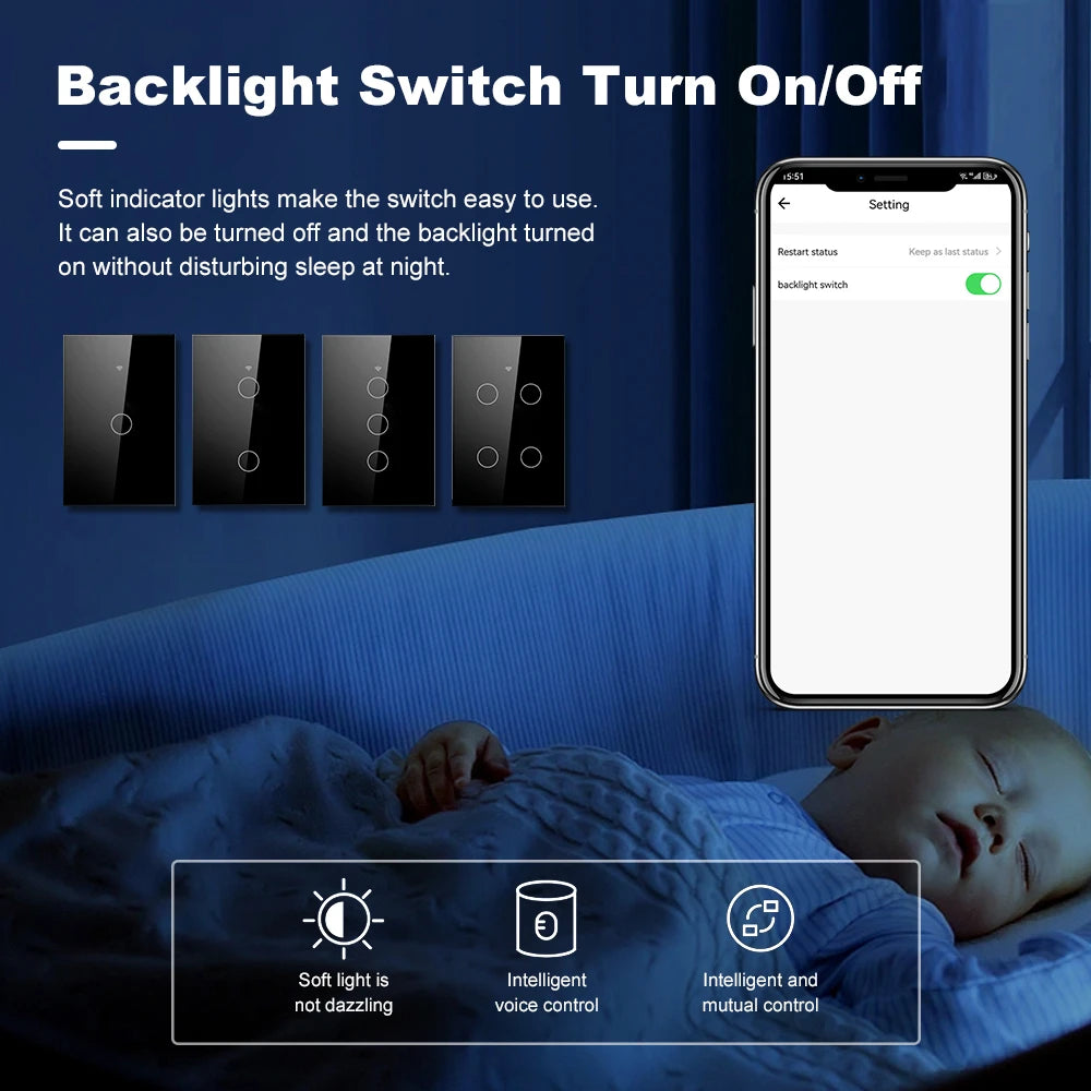 Tuya Smart WiFi Bluetooth Wall Touch Light Switch No Neutral Wire Required US 1-4 Gang Alexa Google Home Compatible Switch