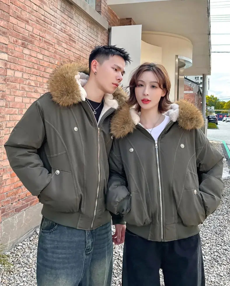 ZAROY Y2K Fur Collar Hooded Parka – Thick Padded Gothic Winter Jacket Streetwear for Men & Women