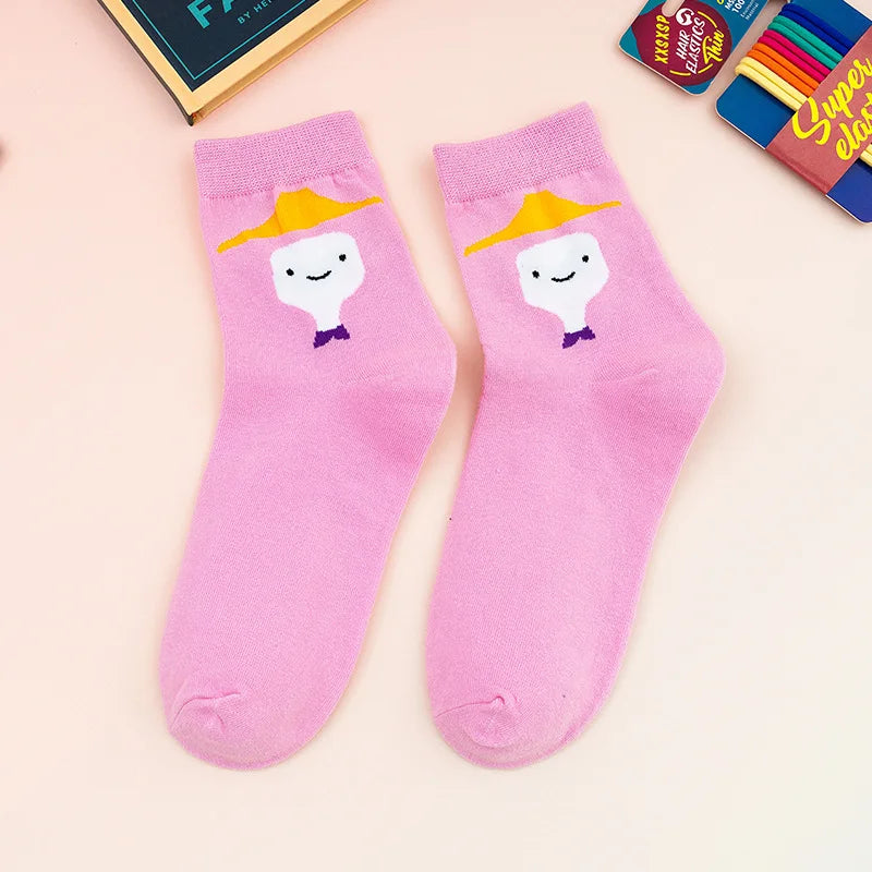 5 Pairs Cartoon Cute Women’s Socks – Fun Patterned Crew Socks, Colorful & Comfy for All Seasons