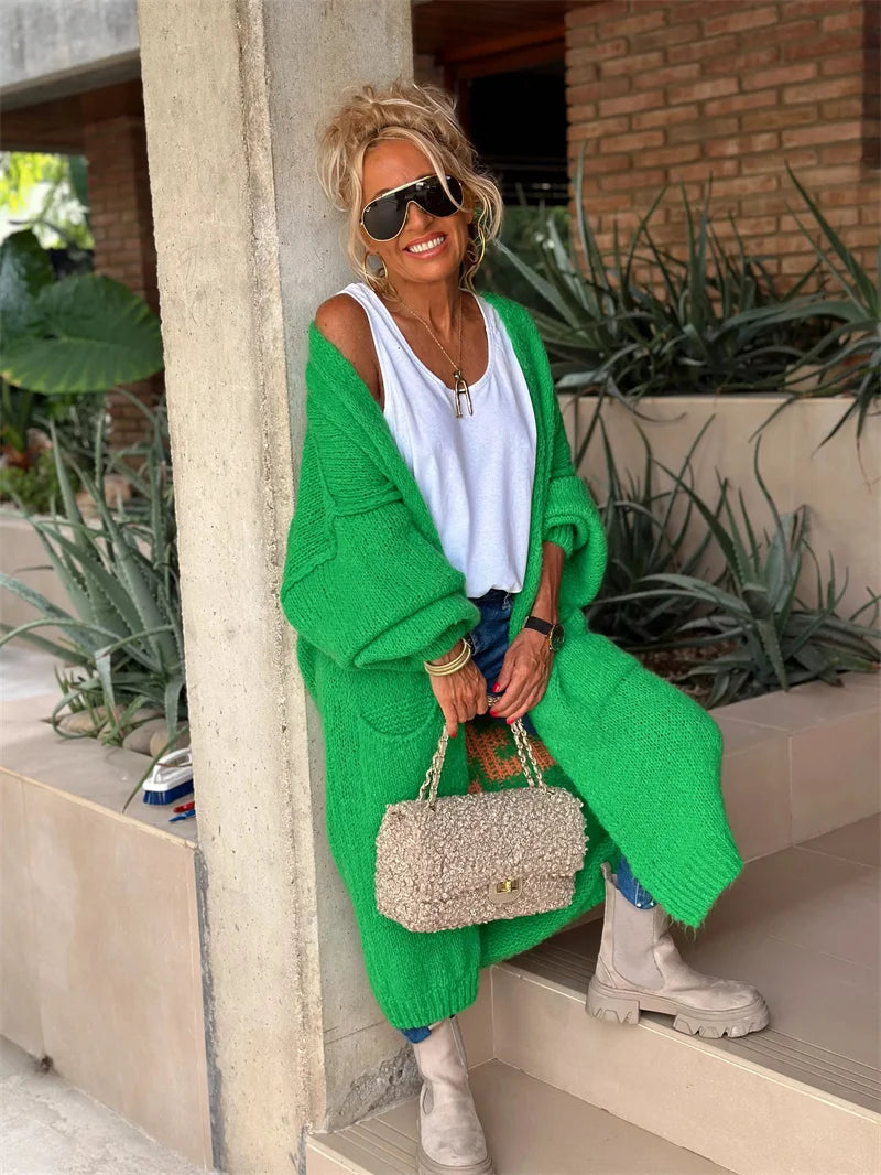 2024 Women’s Knitted Striped Cardigan – Elegant Loose Long Outerwear, Y2K Sweater Coat, Soft Cover-Up for Fashion Streetwear