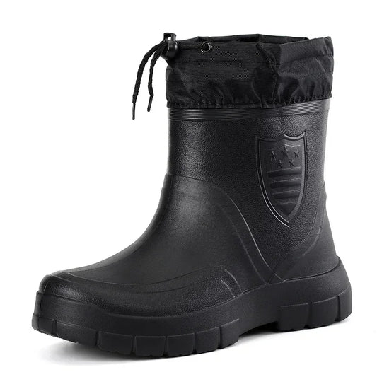 Winter Windproof Cotton Rain Boots for Men, Warm Waterproof Ankle Rain Shoes, Slip-On Fashion Work Boots, 2024