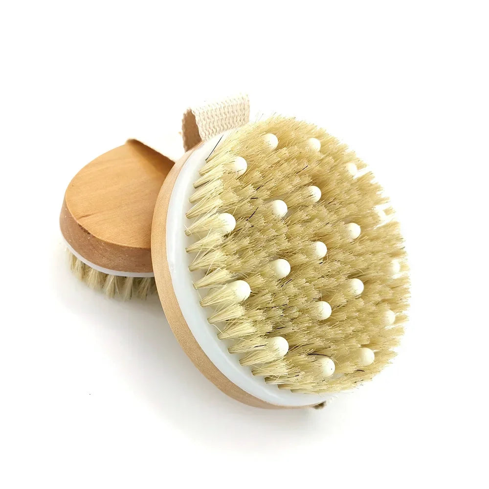 2-in-1 Natural Bristle Body Brush – Dry Skin Exfoliator & Anti-Cellulite Massager for Blood Circulation