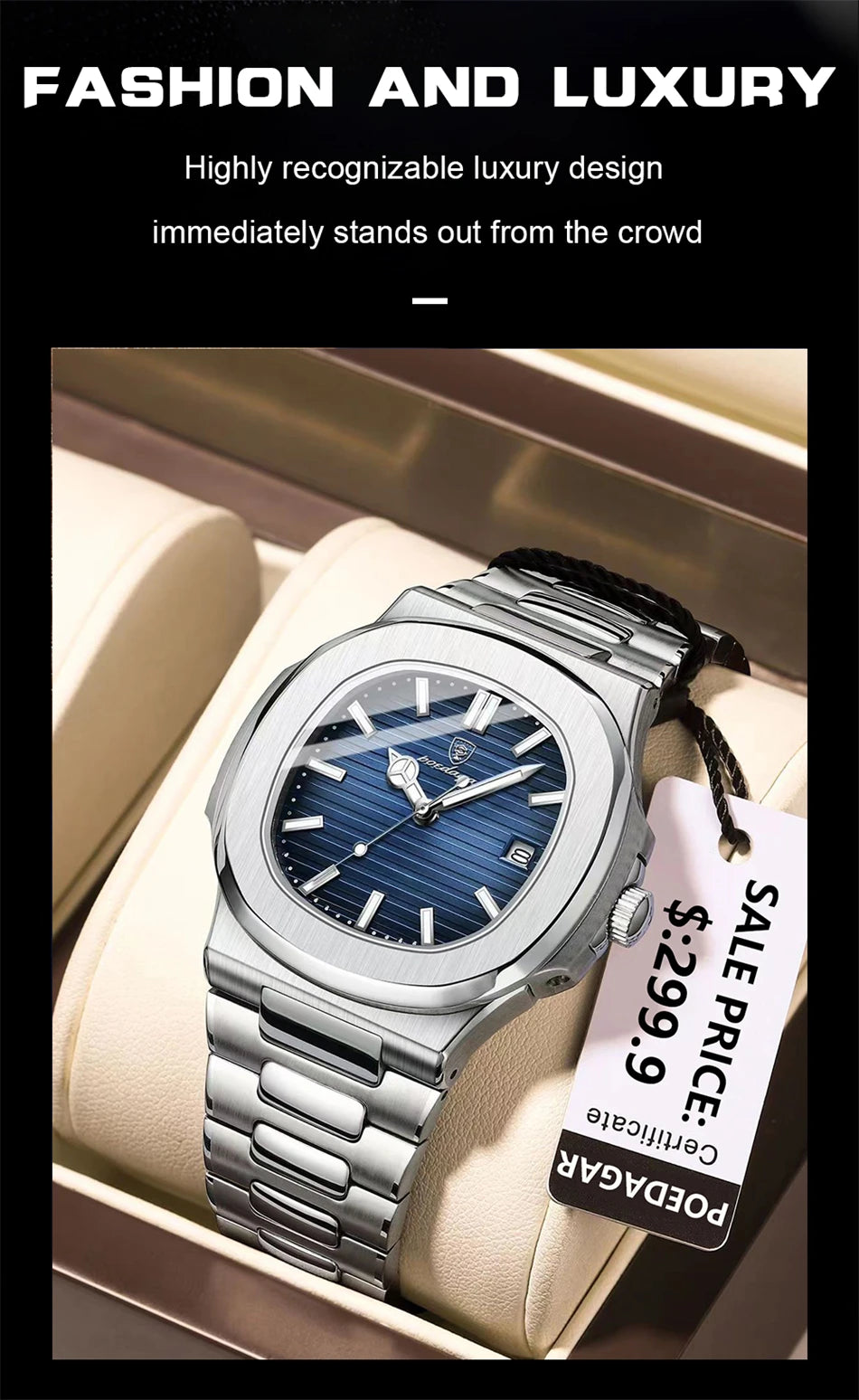POEDAGAR Luxury Men's Watch – 30ATM Waterproof, Stainless Steel Square Quartz, Luminous Date, Business reloj hombre