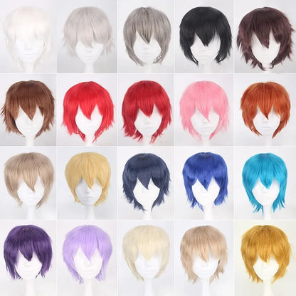 Unisex Synthetic Anime Cosplay Wig – Short Straight Heat-Resistant Hair in Red, White, Pink, Gray & Brown