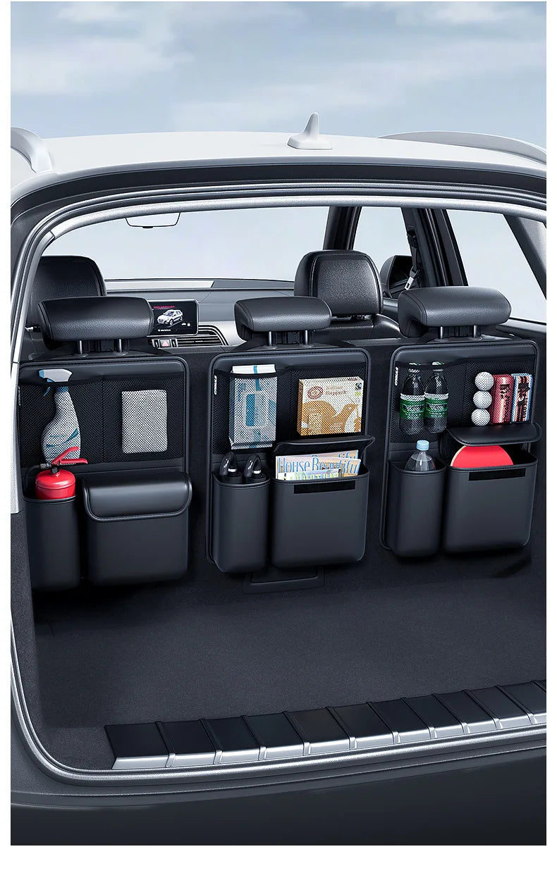 Car Trunk Leather Storage Bag – Foldable Seat Back Tools Organizer, UV-Protected Multifunctional Hanging Organizer for SUVs