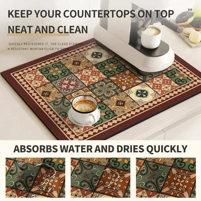 Retro Coffee Maker & Dish Drying Mat – Non-Slip, Quick-Dry Kitchen Placemat for Tableware, Washable
