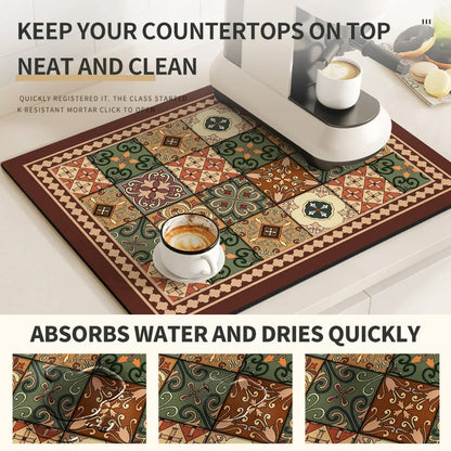 Retro Coffee Maker & Dish Drying Mat – Non-Slip, Quick-Dry Kitchen Placemat for Tableware, Washable