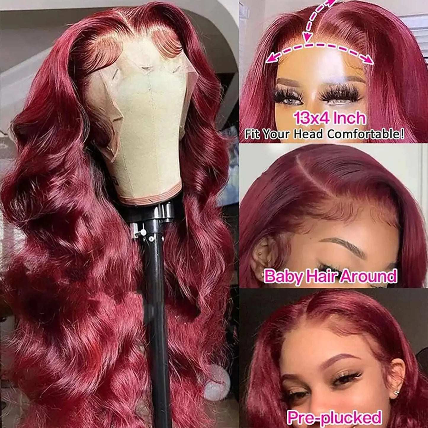 Burgundy 99J Body Wave Wig – 13x4/13x6 HD Lace Front, Pre-Plucked Human Hair Red Colored Wig