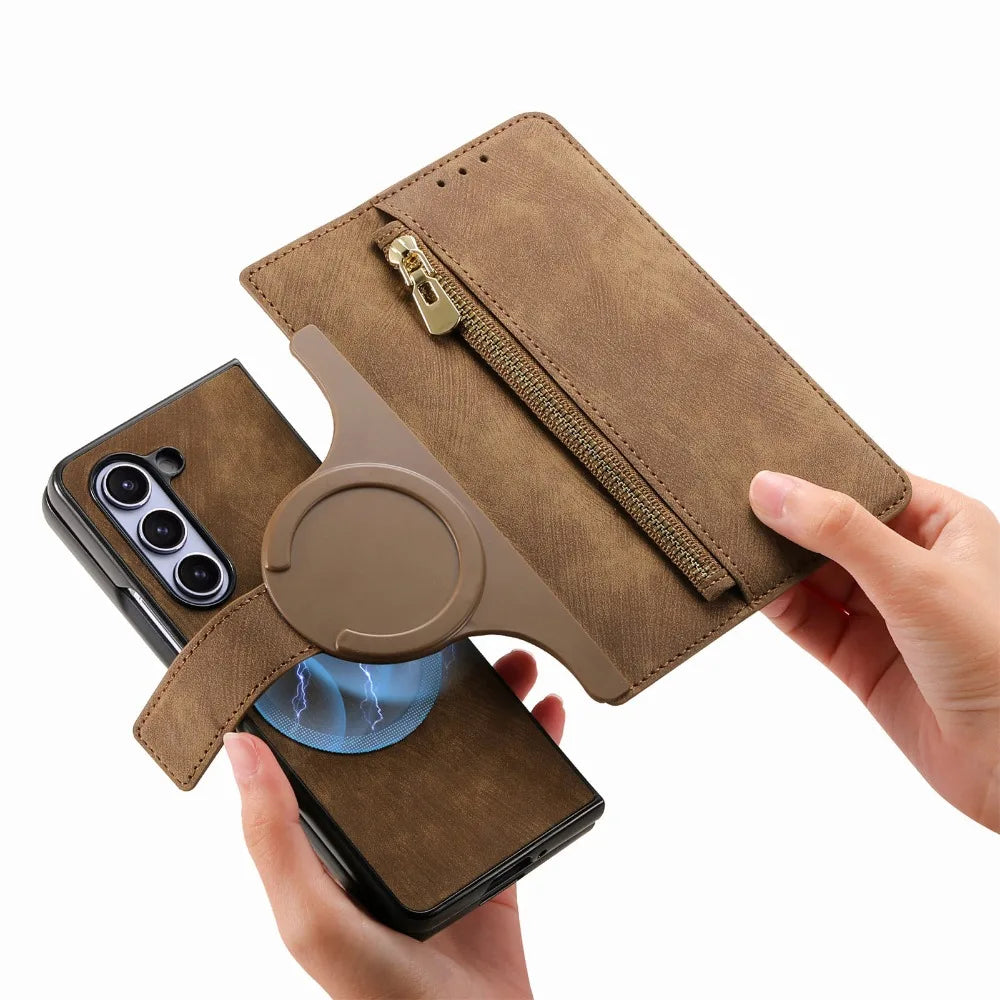 2-in-1 Detachable Leather Wallet Case for Samsung Galaxy Z Fold 6/5/4/3 – Zipper Card Slot Cover 5G Compatible