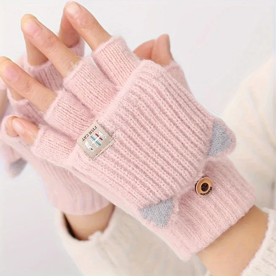 Women’s Cat Ear Fingerless Gloves - Warm Convertible Winter Gloves with Elastic Fit