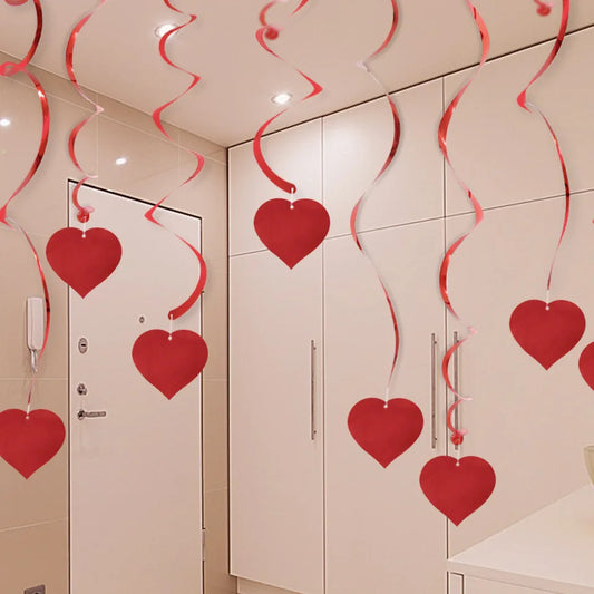 6Pcs Red/White Heart Love Spiral Swirl Garland - Hanging Decorations for Valentine's Day, Wedding, Anniversary Party with Balloon Straws