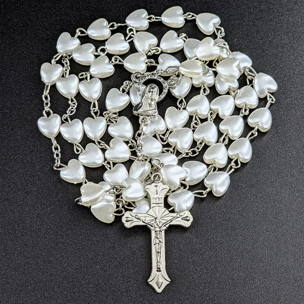 White Heart Rosary Necklace – Virgin Mary Cross INRI Pendant Long Chain Religious Prayer Jewelry for Men & Women Accessories