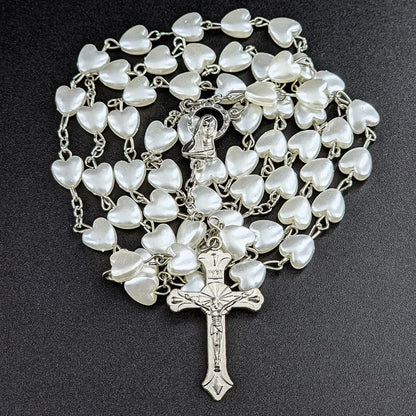White Heart Rosary Necklace – Virgin Mary Cross INRI Pendant Long Chain Religious Prayer Jewelry for Men & Women Accessories