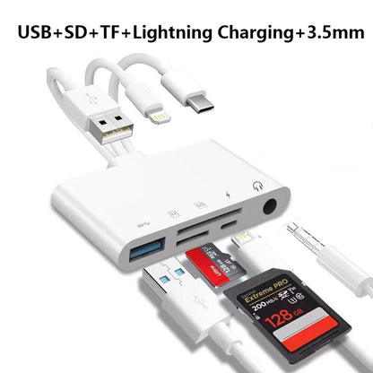 5-in-1 USB-C & Lightning Card Reader – SD/Micro SD OTG Adapter with Charging Port for iPhone, iPad, Android, Laptop & PC