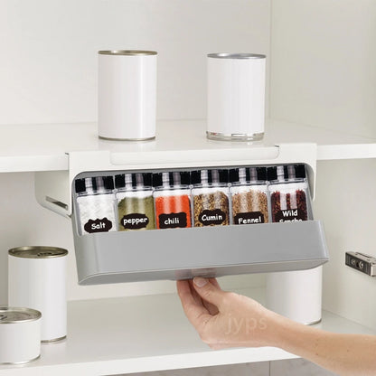 Self-Adhesive Kitchen Spice Rack: Wall-Mounted Under-Shelf Seasoning Bottle Storage Organizer