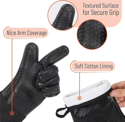 Heat-Resistant Silicone Gloves – Non-Slip Oven Mitts for Kitchen, BBQ, Baking & Cooking with Canvas Stitching