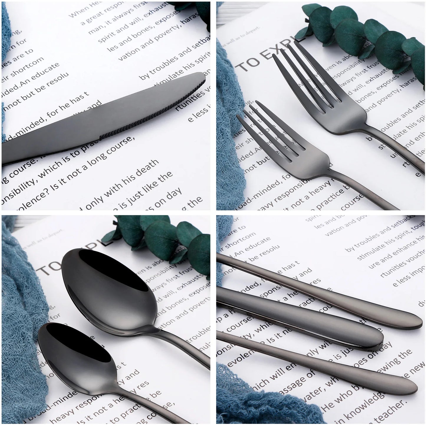 30/35/40-Piece Western Tableware Set – Elegant Black Stainless Steel Cutlery with Mirror Finish, Knife, Fork, Spoon for Kitchen and Dining