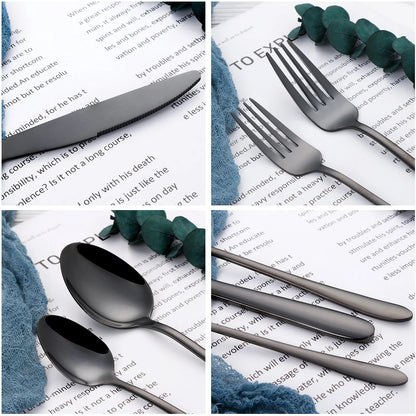 30/35/40-Piece Western Tableware Set – Elegant Black Stainless Steel Cutlery with Mirror Finish, Knife, Fork, Spoon for Kitchen and Dining