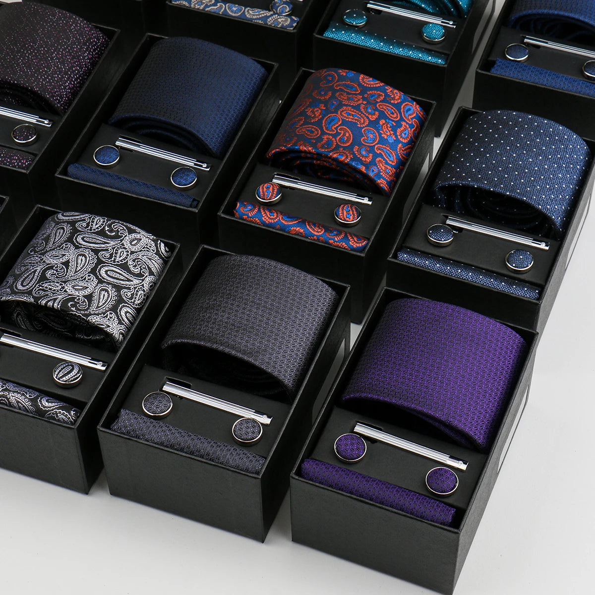 Men's Tie & Cufflink Gift Set - 8cm Necktie Handkerchief Clip Box for Formal Business Suits