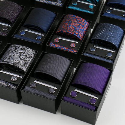 Men’s Fashion Tie Set Gift Box - 8cm Necktie with Handkerchief Cufflinks & Clip for Formal Business Suit Accessories