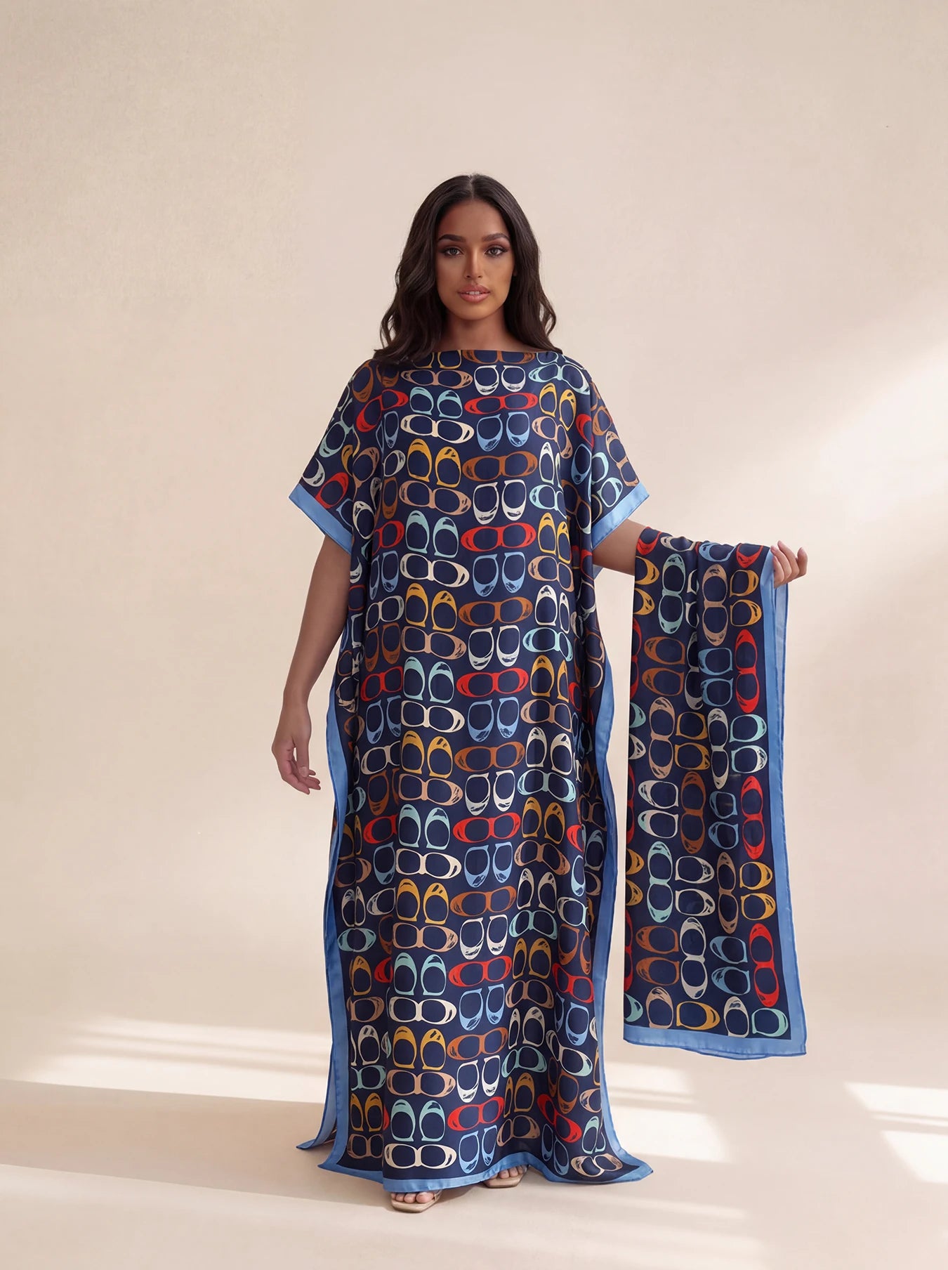 Long Silk Blend Beach Cover Up Dress - Elegant Middle Eastern Print Loose Robe for Women