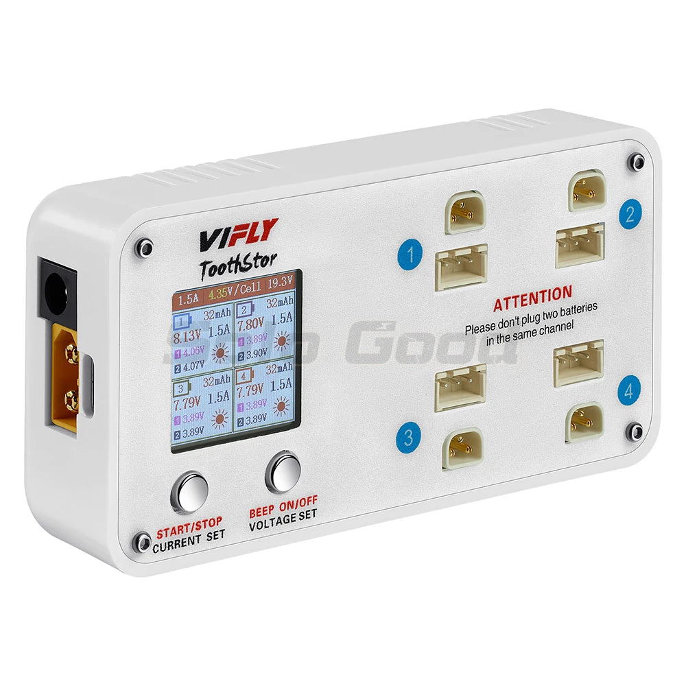 VIFLY ToothStor 4-Port 2S Balance Charger – LCD Display with Storage Mode for LiHV/LiPo RC FPV Racing Drone Batteries