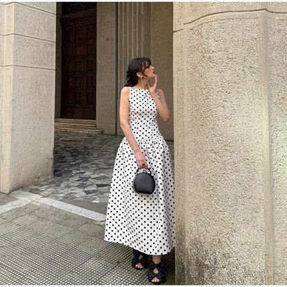 Elegant Women’s Polka Dot Maxi Dress – Chic Sleeveless Round Neck High Waist Slim Fit Vestido for Party & Street, 2025 New