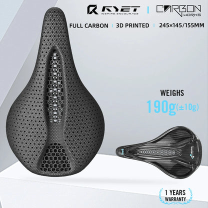 RYET Ultra Full Carbon 3D Printed Bike Saddle — 145mm Lightweight MTB Seat with High Modulus Carbon Fiber Base